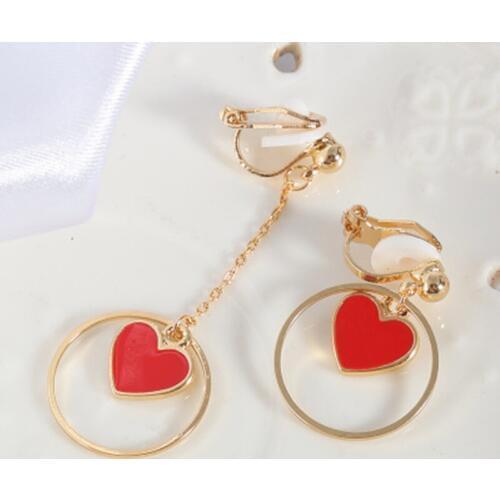 Geometric Asymmetry Red Little Heart Clip Earrings for Women Gifts Gold Color Fashion Non Pierced Jewelry Wholesale