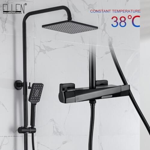 ELLEN Thermostatic Bath Shower Set Black Wall Waterfall Rainshower Faucets Hot Cold Mixer Shower Faucet with Hand Shower EL9403