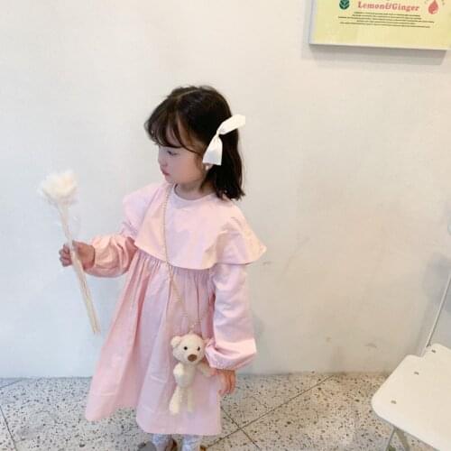 Spring Korean style pink cotton princess dress with cute bear pendant big turn-down collar casual dresses