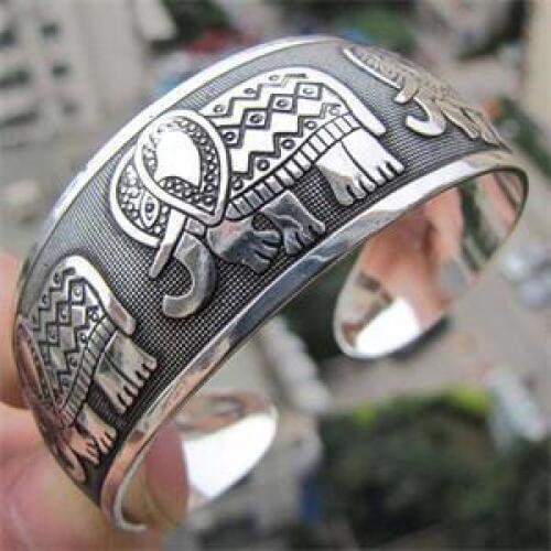 Vintage Elephant Totem Tibetan Cuff Bangle Carved Open Wide Bracelet Jewelry Antique Bohemian Bangle For Women Men Retro