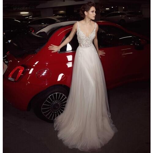 Magic Awn Chic Lace Tulle Wedding Dresses Boho Appliques Illusion V-Neck A-Line Beach Princess Bridal Gowns Open Back Vestido