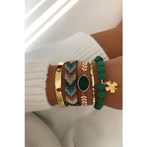 Yeşil Desenli Bileklik Seti Taşlı Altın Bileklik Seti Kadın Bileklik 5 Parça
