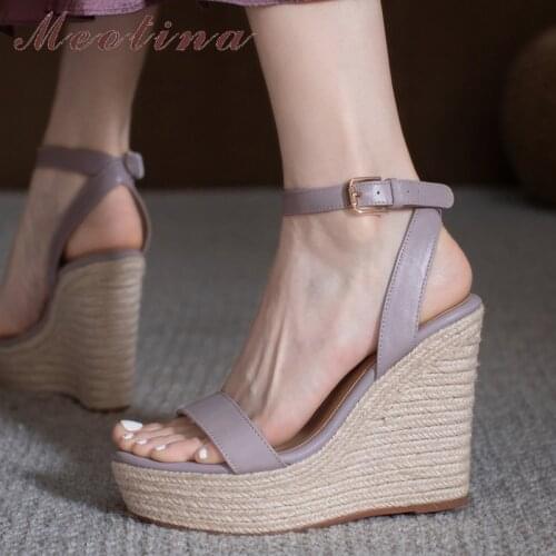 Meotina Shoes Women Real Leather Sandals Wedges Super High Heel Sandals Ankle Strap Espadrille Shoes Round Toe Sandals Summer