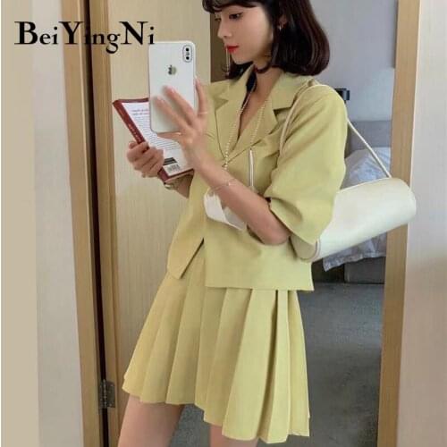 Beiyingni Women Suits Mini Skirts And Cropped Tops Solid Color Korean Office Ladies Two Piece Outfits Pleated Short Skirts Sets