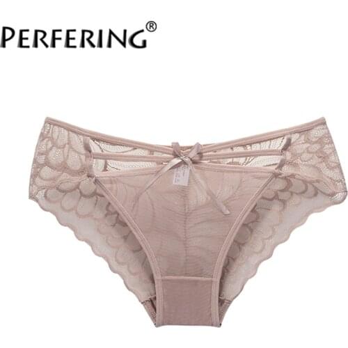 Perfering Sexy Panties Women Lace Low-waist Solid Sexy Briefs Embroidery Thong Transparent Hollow out Underwear Female Black