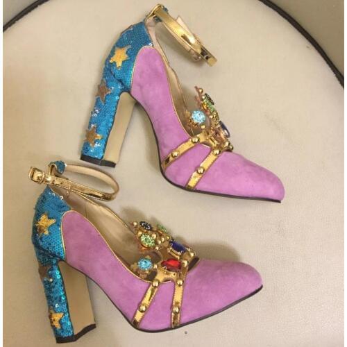 2018 Runway diamonds thick heel shoes high quality suede high heel shoes Chic women party shoes BY478