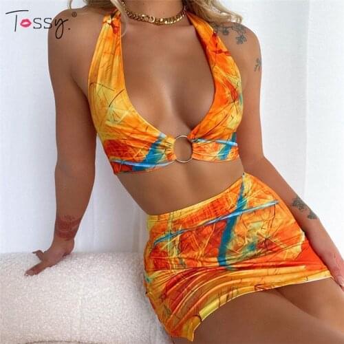Tossy Backless Two Piece Club Women Party Matching Sets Sexy Halter Hollow Out Crop Top And Skirts Swimwear Suit Summer Y2K 2021