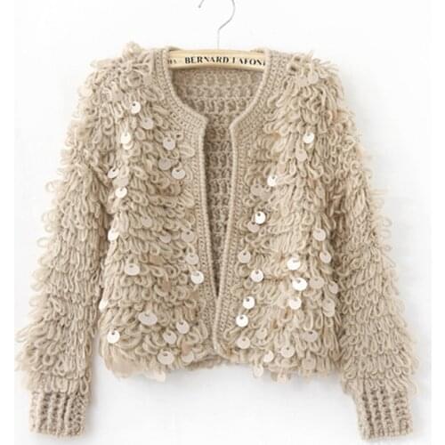 Winter Korean Women Tassel Mohair Cardigans Sweater Coat Female Long Sleeve Sequins Cadigans Jacket Tricot Femme Tops