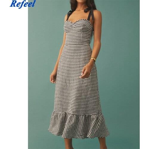 2021 Summer Women Camisole Dress Plaid Printed Slash Neck Backless Dress Lady Party Vestido Elegant Girls A-line Causal Outfits