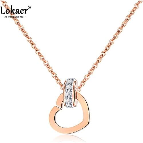 Lokaer New Cubic Zirconia Circle & Love Heart Charm Pendant Necklaces Rose Gold Stainless Steel Chain Neckalce For Women N17063
