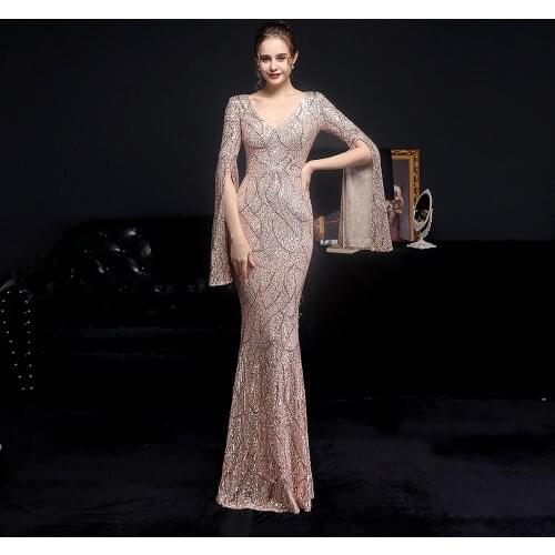 Robe De Soiree Champagne Gold Sequin Evening Dresses Long Sleeve Formal Dress Vestido De Festa Sexy V-Neck Mermaid Evening Dress
