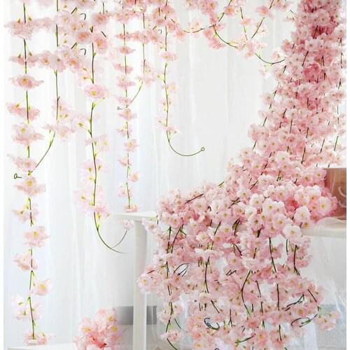 1.8M Artificial Cherry Blossom Flowers Garland Ivy Decoration Fake Silk Flower Vine for Party Home Decor String 144 flower heads