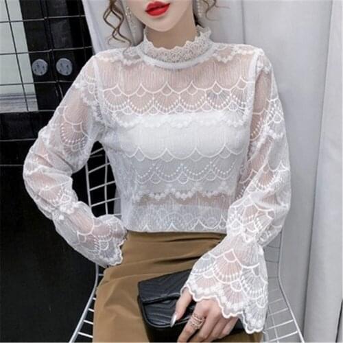 2020 Autumn Girls Popular Lace Blouses Shirts Tees Female Stand Neck Full Flare Sleeve Elasticity Blouses Tops For Women