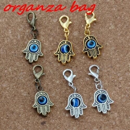 30pcs Hamsa Hand Blue eye bead Kabbalah Good Luck Clasp European Lobster Trigger Clip On Beads 12.8x32.2mm A-372b