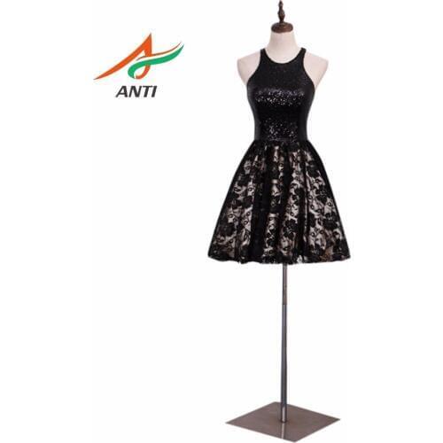 ANTI Black A-Line Prom Dresses Scoop Sleeve Sequined Prom Gowns Lace Tank Above Knee Mini Vintage Graduation Party Dresses Robe