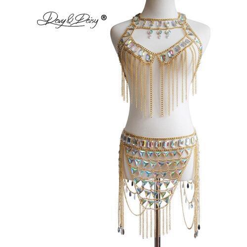 DAVYDAISY Women Sexy Nightclub Bra Tops Jewel Fashion Suit Skirts Female Beach Wear Body Chain Sexy Lingerie SE079