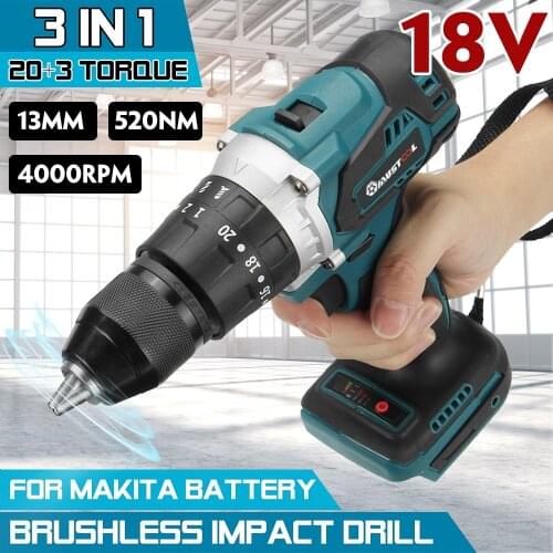 3 in 1 Brushless Electric Screwdriver Electric Hammer Drill 20+3 Torque Cordless Impact Drill For Makita 18V Battery Power Tools