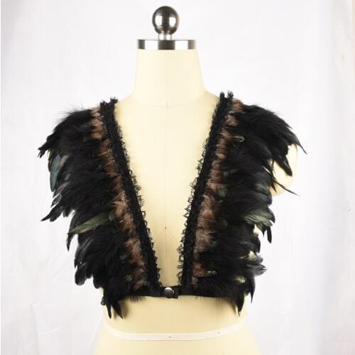 Fetish vampire fantasy couture sexy feathered epaulettes elastic harness feather brassiere rave bra boho festival top O0291