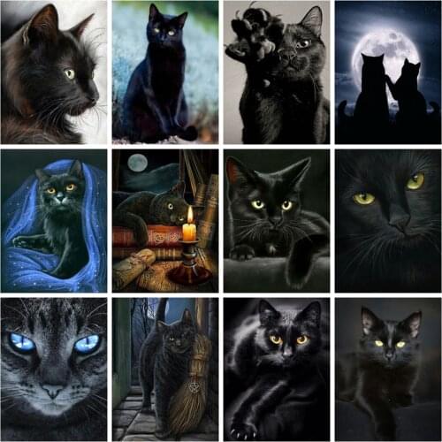 Huacan Full Square/round Diamond Painting Black Cat Home Decor Diamond Embroidery Mosaic Animal Fantasy Wall Stickers