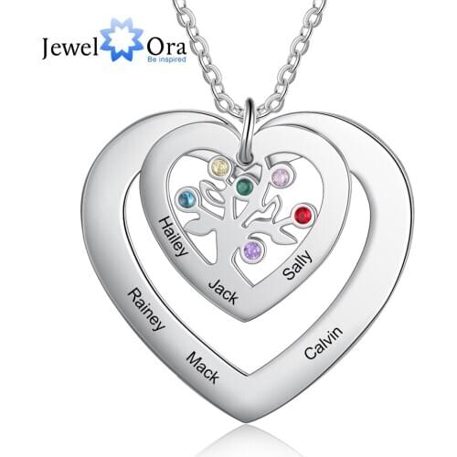 JewelOra Designer Personalized Tree of Life Heart Pendant with 6 Birthstones Custom Engraved Name Mother Necklace Christmas Gift