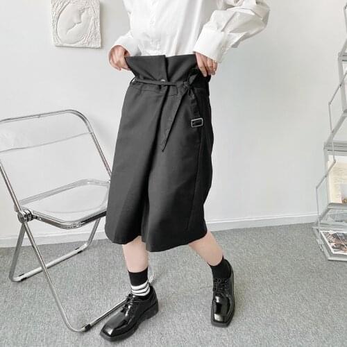 Large size summer abstinence asymmetric design loose wide leg Capris trendy mens Harlan lace up niche pants