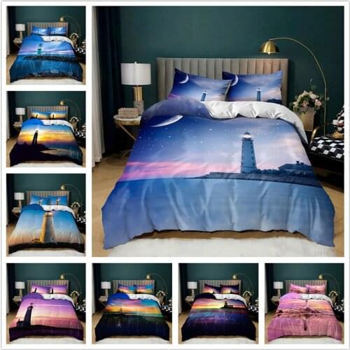 Sunset Ocean Nautical Scenery 2/3pcs Bedding Set Lighthouse Quilt Cover Coastal Theme Duvet Cover with Pillowcases Bed Decor