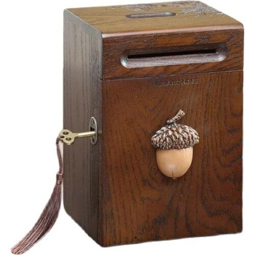 Solid Wood Piggy Bank Adult Money Box Coin Paper Money Saving Box Cash Wooden with Lock Children Bedroom Spaarpot Decor FP041