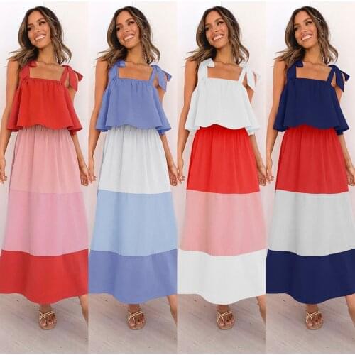 Summer Vacation Beach Strap Maxi Dress 2021 Color Patchwork Ruffles Sleeveless Long Party Dresses Robe Vestidos Female Clothing