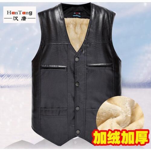 Hot Wholesale 2020 New Middle-aged Men Winter Leather Vest Mens Warm Large Size Leisure No Collar Pu Leather Vests Xl-3xl