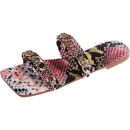 Metal Chain Strap Women Slides Flat Summer Outdoor Beach Female Slippers Snake Pattern Open Toe Casual Flip Flops Shoes