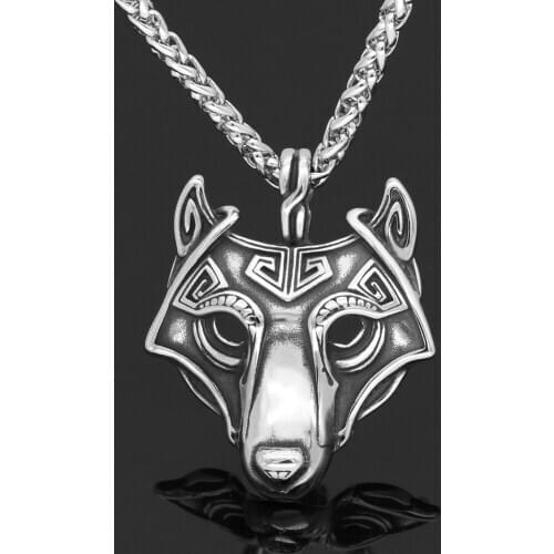 Men stainless steel norse viking oidn wolf head pendant necklace