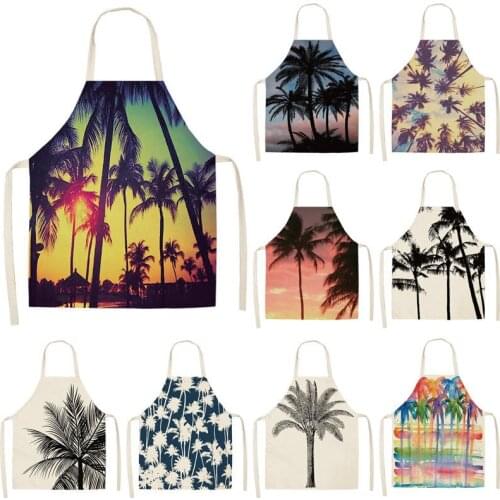 1Pc Coconut Tree Plant Printed Cotton Linen Ched Apron Bibs for Women Barbecue Cooking Baking Kitchen Cleaning Aprons 53*65cm