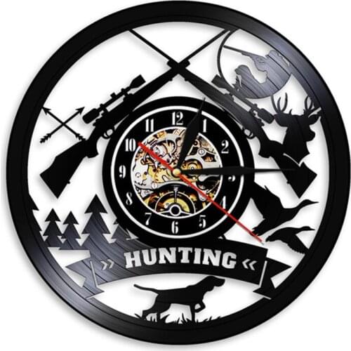 Hunting Logo Rifle Gun Sign Wall Clock Animal Hunting Adventure Vinyl Record Wall Clock Wilderness Tribal Wall Decor Hunter Gift