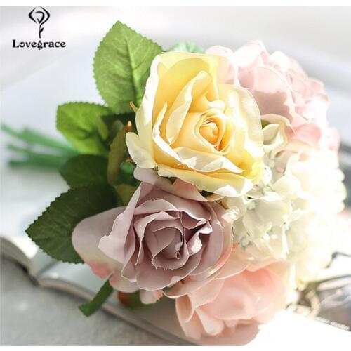 Small Bouquet Pretty Bride Wedding Small Rose Hydrangea Silk Flowers Purple Fake Flowers for Home Table Decor Indoor Fake Flores
