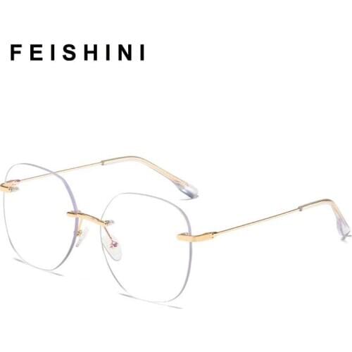 Feishini 2020 Anti Blue Light Glasses Blocking Filter Reduces Eyewear Metal 22g Rimless Clear Computer Glasses Women Oversized