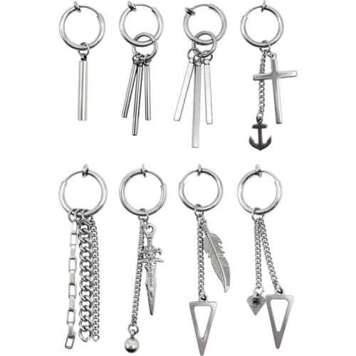 Fake earrings without piercing no hole stainless steel spring clip ear cuff clip earrings for men korean cone bar shape pendant