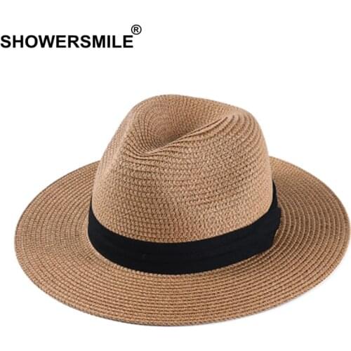 SHOWERSMILE Sun Hats For Men Paper Straw Panama Hat Women Classic Camel Jazz Cap Boater Brand Summer Vacation Beach Fedora Hats