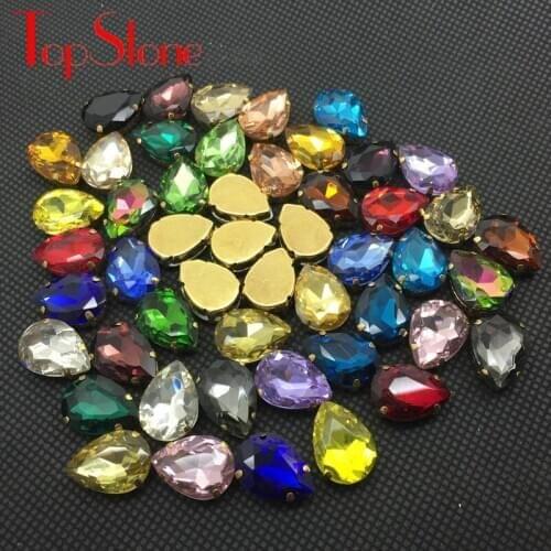 TopStone Teardrop Sew on Rhinestone Glass Crystal Fancy Stone in Gold Metal Claw Setting for Sewing Dress Making