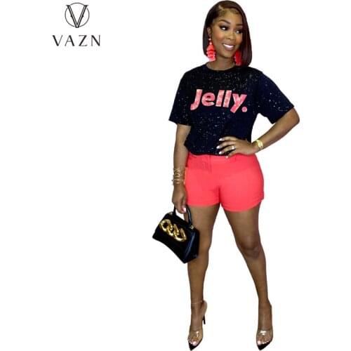 VAZN 2021 INS Flaring Sequined Letter Simple Black Free Casual Daily Yong Nature Joker Round Neck Short Sleeve Women Tees