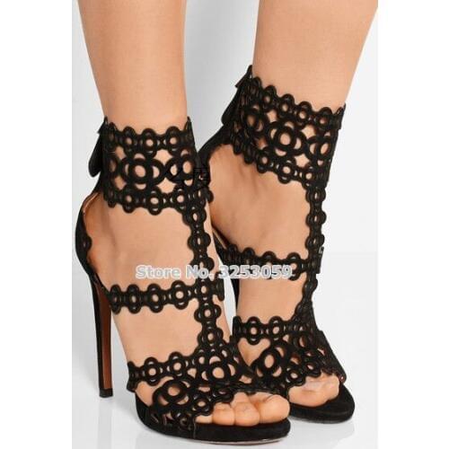 ALMUDENA Gorgeous Black Suede Criss Cross T-bar Cut-out Sandals Thin High Heels Laser Cut Floral Dress Shoes Stiletto Heel Pumps