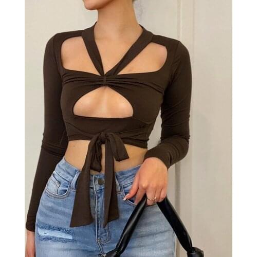 2021 New Style Women Summer Crop Tops T-Shirts Solid Color Hollow-Out V-Neck Long Sleeve Tight Camisole for Girls