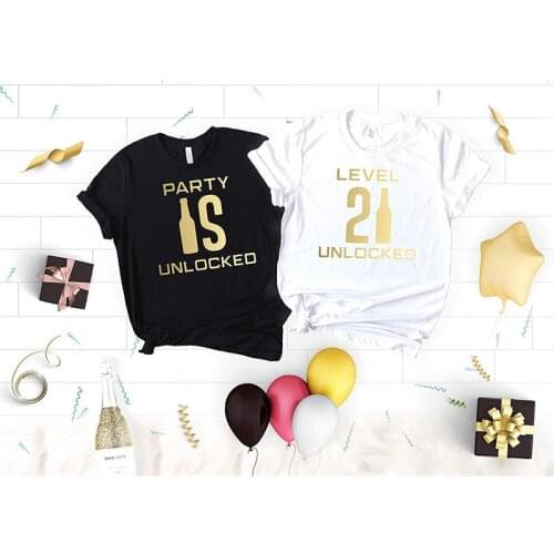 Level 21 Party Is Unlocked Fashion Birthday Girl Tshirt Funny Letter Print Gold Cotton Women Shirt O Neck Short Sleeve Top Tees