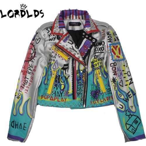 LORDLDS Leather Jacket Women 2020 Fashion Print New Spring Turn-down collar Punk Rock Silver Jackets Ladies Outwear coats