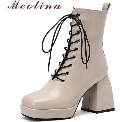 Meotina PU Leather Ankle Boots Women Platform Thick Super High Heel Shoes Slip On Square Toe Lady Short Boots Winter 34-43 Beige