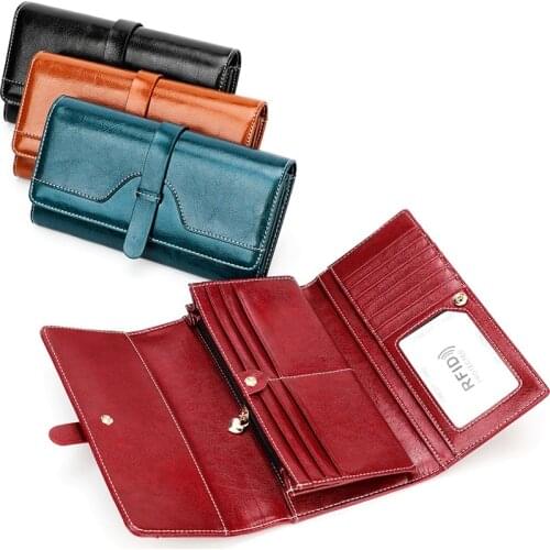 Genuine Leather Women Wallets Long Zipper&Hasp Womens Wallet Money Coin Holder Female Three Fold Purse Female Pure Color Purse