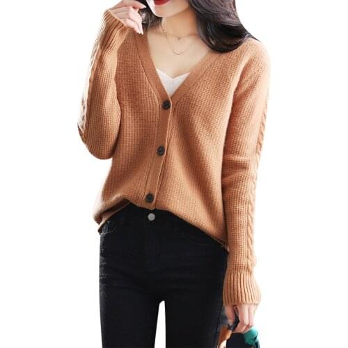 2021 Autumn And Winter Womens 100%Pure Wool Cardigan Wild Loose Jacket V-Neck Twist Large Size Cashmere Knitted Thick Sweater