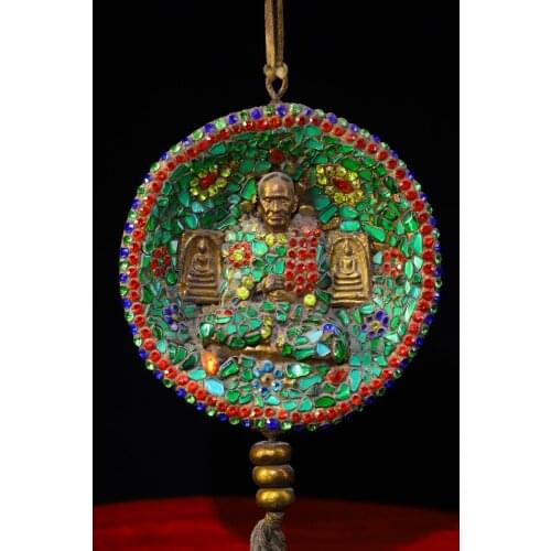 14"Tibet Temple Collection Old Incense ash Engraved mosaic Gem Dharma Bodhidharma statue Amulet Pendant amulet Town House