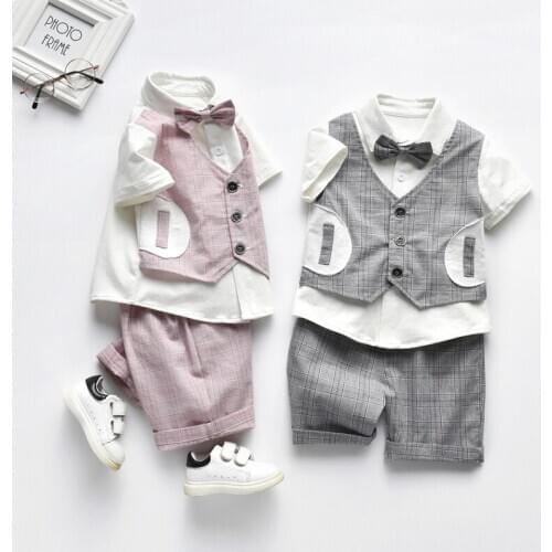 3 sets [ shirts + pants ] Fashion little gentleman summer plaid shirt baby boy party Cotton children kids clothes 6-36 Months