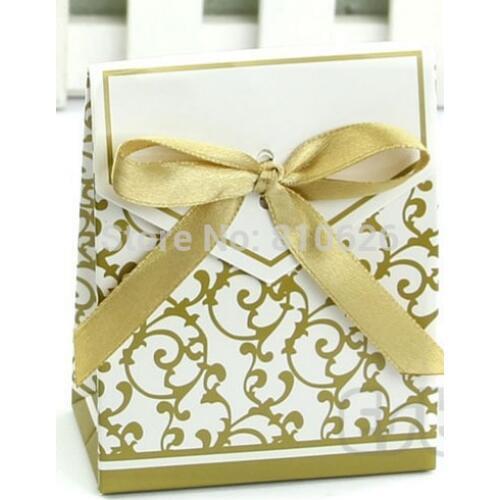 Free shipping 50pcs Gold Ribbon Gift Paper Bags Engagement Anniversary Wedding Party Cake Favour Favor Gift Boxes
