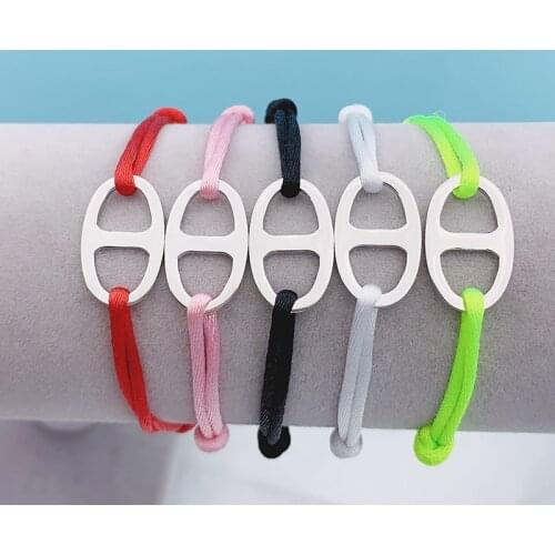 2021 Stainless Steel Multicolor Ribbon Adjustable Rope Oval Shape Circle Bracelet For Women Men Unisex Handmade Valentine Bangle